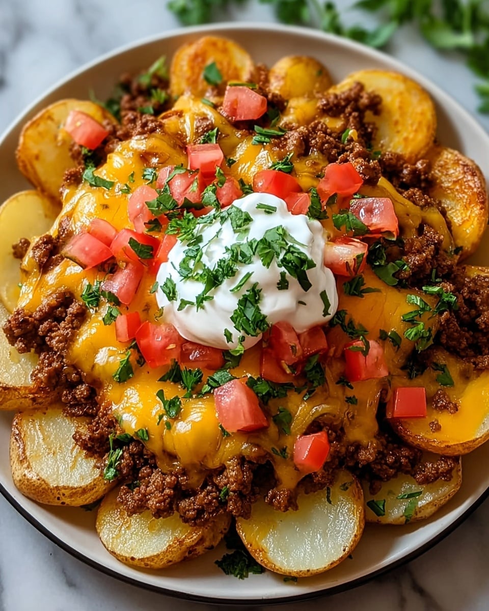 A plate holds a dish with three visible layers: the bottom layer is yellow potato halves with a rough texture and thin skins; the middle layer is brown cooked ground beef mixed with melted bright orange cheddar cheese; the top layer has a dollop of white sour cream in the center, surrounded by small red tomato pieces and sprinkled with chopped green herbs on top and around the dish. The plate is white and the background is a white marbled texture. Photo taken with an iphone --ar 4:5 --v 7