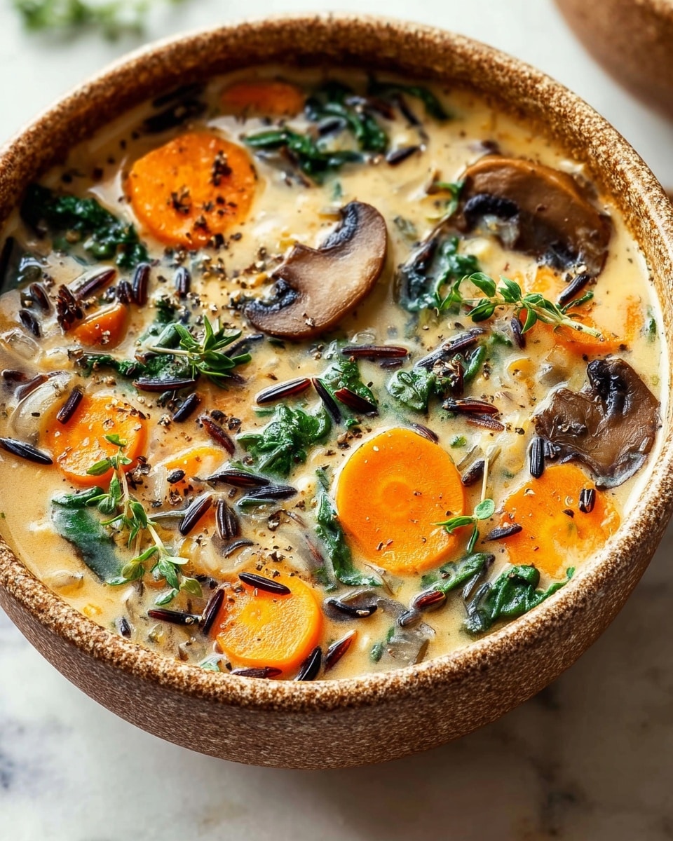 A close-up of a hearty soup served in a rustic, textured, brown bowl sitting on a white marbled surface. The soup has a creamy, light beige base filled with several visible layers: round, bright orange carrot slices scattered evenly; dark brown mushroom slices with a soft, moist texture; wilted dark green spinach leaves spread throughout; and thin, elongated black rice grains adding contrast. Small green herb sprigs and cracked black pepper are sprinkled on top for garnish. The bowl’s rim is thick and uneven, adding to the rustic feel. photo taken with an iphone --ar 4:5 --v 7