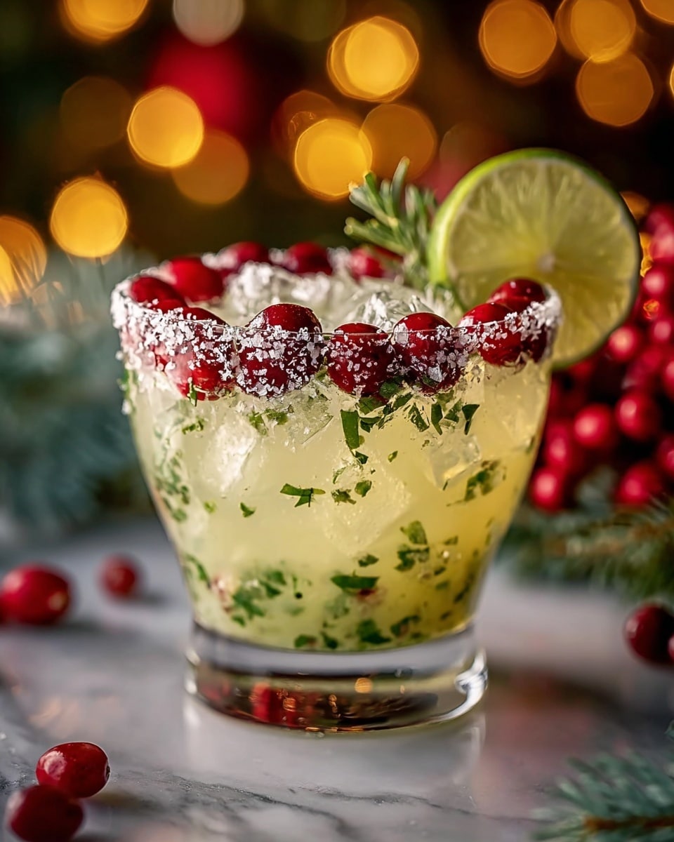 A clear glass coupe filled with a pale yellow-green drink mixed with small green herb fragments and ice cubes; the rim is coated with coarse salt and finely chopped herbs, with bright red cranberries placed all around the inside edge of the rim; a fresh green herb sprig and a thin slice of lime rest on the right side of the glass top; the background features blurred warm yellow lights and hints of red and green holiday decorations atop a white marbled surface. photo taken with an iphone --ar 4:5 --v 7