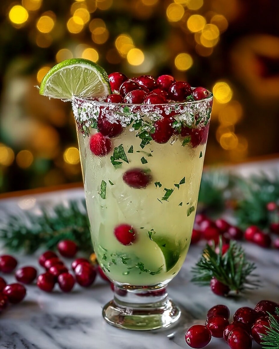 A tall clear glass filled with a pale green drink with ice cubes and floating cranberry-red berries mixed with small green leafy herbs throughout the liquid. The rim of the glass is coated with a combination of coarse salt and chopped green herbs. On top of the drink, several bright red cranberries and green herb sprigs rest as garnish. A thin lime slice with a light green peel is perched on the rim. The glass stands on a tabletop decorated with red cranberries and green pine sprigs. The scene is set against a warm and softly lit white marbled texture background with blurred yellow lights. Photo taken with an iphone --ar 4:5 --v 7