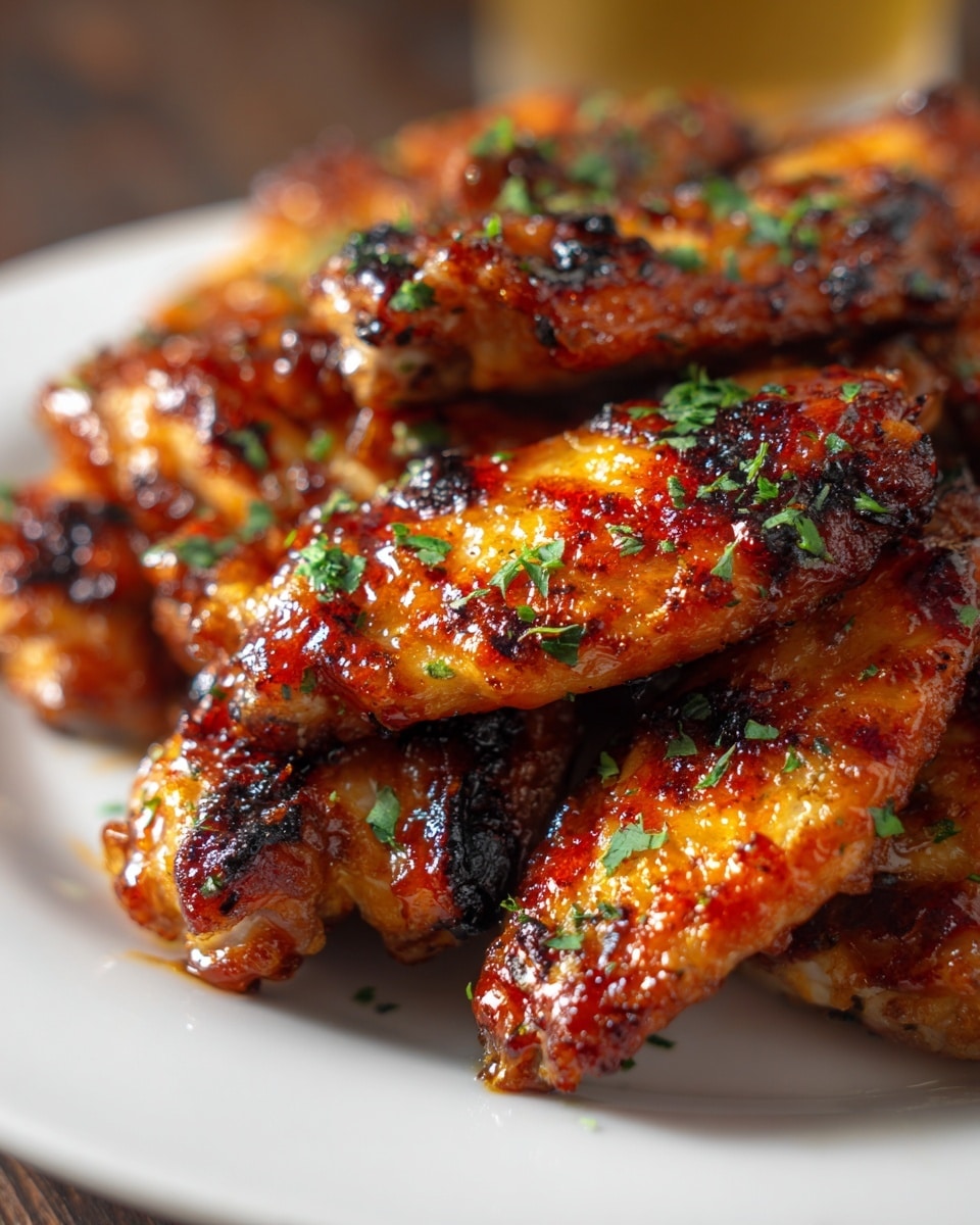 A white plate holds several chicken wings coated in a shiny, sticky glaze that is deep reddish-brown with charred spots, giving a crispy texture. The wings are arranged in a slightly overlapping way, showing off the thick sauce clinging to the skin. Small bits of bright green herbs are sprinkled generously on top and around the wings, adding fresh color contrast. The plate sits on a white marbled surface, and the warm lighting highlights the rich colors and textures of the wings, making them look juicy and flavorful. photo taken with an iphone --ar 4:5 --v 7