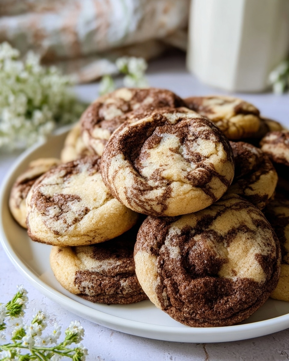 A close-up of a pile of marble cookies stacked on a large white plate, each cookie showing a swirled pattern of light golden brown and dark chocolate brown, with a soft and slightly cracked texture on the surface. The cookies are thick and round with an uneven, natural shape. Around the plate are small white flowers and light green stems lying on a white marbled textured surface. In the back, a blurred white container and a patterned cloth can be seen. Photo taken with an iphone --ar 4:5 --v 7