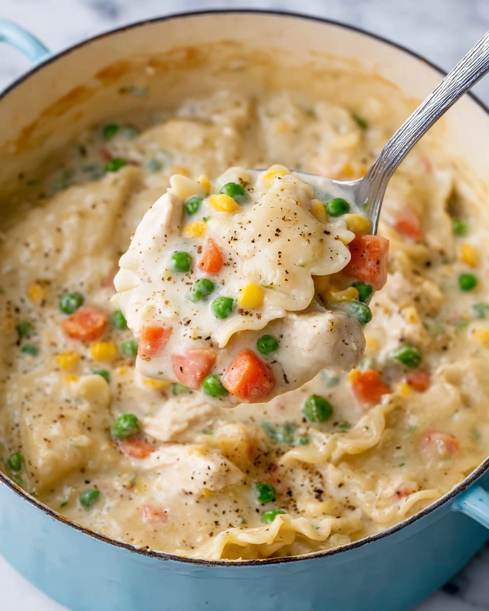 A close-up of a creamy chicken pot pie filling inside a pale blue pot with a white inside, placed on a white marbled surface. The dish shows many creamy layers with a thick white sauce speckled with black pepper, mixed with green peas, orange carrot chunks, yellow corn, and diced potatoes. There are several flat, wavy-edged dough pieces scattered throughout the filling, giving it texture. A large shiny metal spoon lifts a scoop that shows the same colorful mixture clearly, highlighting the soft, glossy vegetables and tender chicken pieces. Photo taken with an iphone --ar 4:5 --v 7