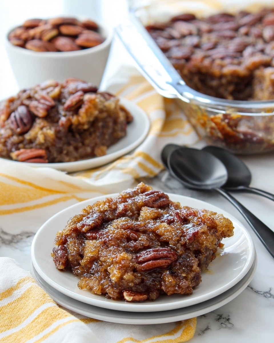 A close-up view of a dish on a white plate shows a thick, sticky dessert with three main layers: the bottom layer is dark brown and gooey with a smooth, shiny texture, the middle layer is filled with whole and chopped pecans that are rich brown and glossy, and the top layer consists of a crumbly, golden-brown topping that looks soft and slightly crunchy. The pecans are scattered unevenly, making the dish look rich and textured. The background shows a white marbled texture. Photo taken with an iphone --ar 4:5 --v 7