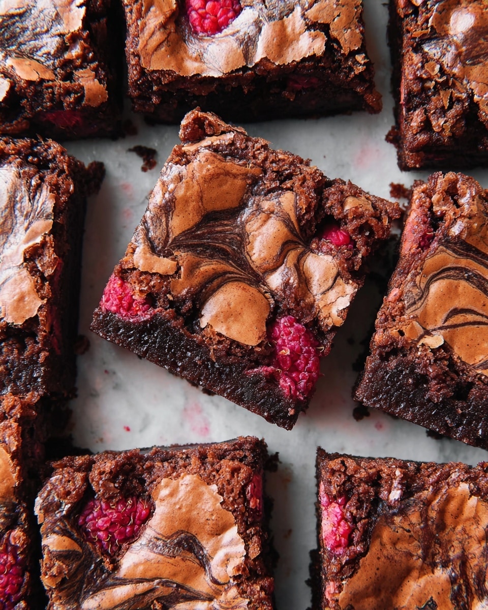A close-up top view of nine square pieces of chocolate brownies arranged tightly together on a white marbled surface. Each brownie has a cracked light brown crust with marbled swirls of dark chocolate on the top layer, showing a rich fudgy texture underneath. Bright red raspberry pieces are embedded within the brownies, visible through the cracks and swirls, adding pops of color. The brownies look moist and dense with a mix of smooth and gritty textures. Photo taken with an iphone --ar 4:5 --v 7