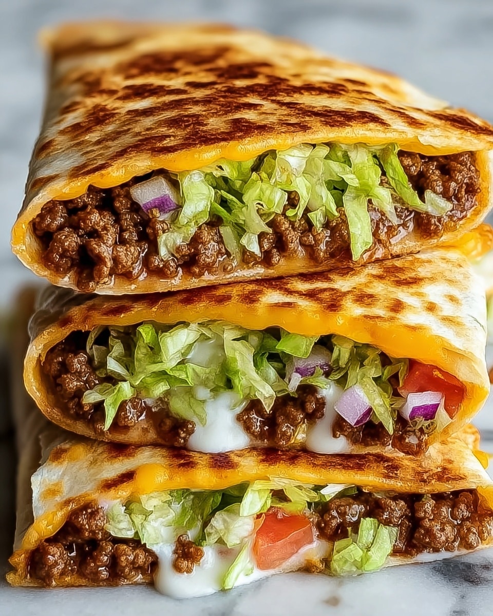 A close-up of three stacked quesadilla halves, each showing a crispy, golden-brown outer tortilla layer with a slightly textured surface. Inside each quesadilla, layers include melted yellow cheddar cheese that looks gooey, crumbled browned ground beef with a crumbly texture, bright green shredded lettuce, and some white melted cheese or sauce dripping slightly. The middle quesadilla half also has visible small red tomato pieces and bits of purple onion, adding a fresh and colorful layer. All quesadillas are stacked neatly on a white marbled surface, emphasizing their rich and fresh ingredients. Photo taken with an iphone --ar 4:5 --v 7