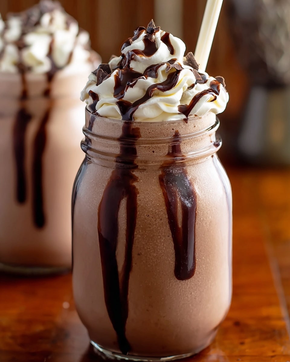 Two clear glass jars filled with smooth, rich brown chocolate milkshake-like drink, topped with generous swirls of white whipped cream. Dark chocolate sauce is drizzled over the whipped cream, dripping down the sides of the jars. Each jar has a white straw inserted at the top. The jars rest on a white marbled textured surface. photo taken with an iphone --ar 4:5 --v 7