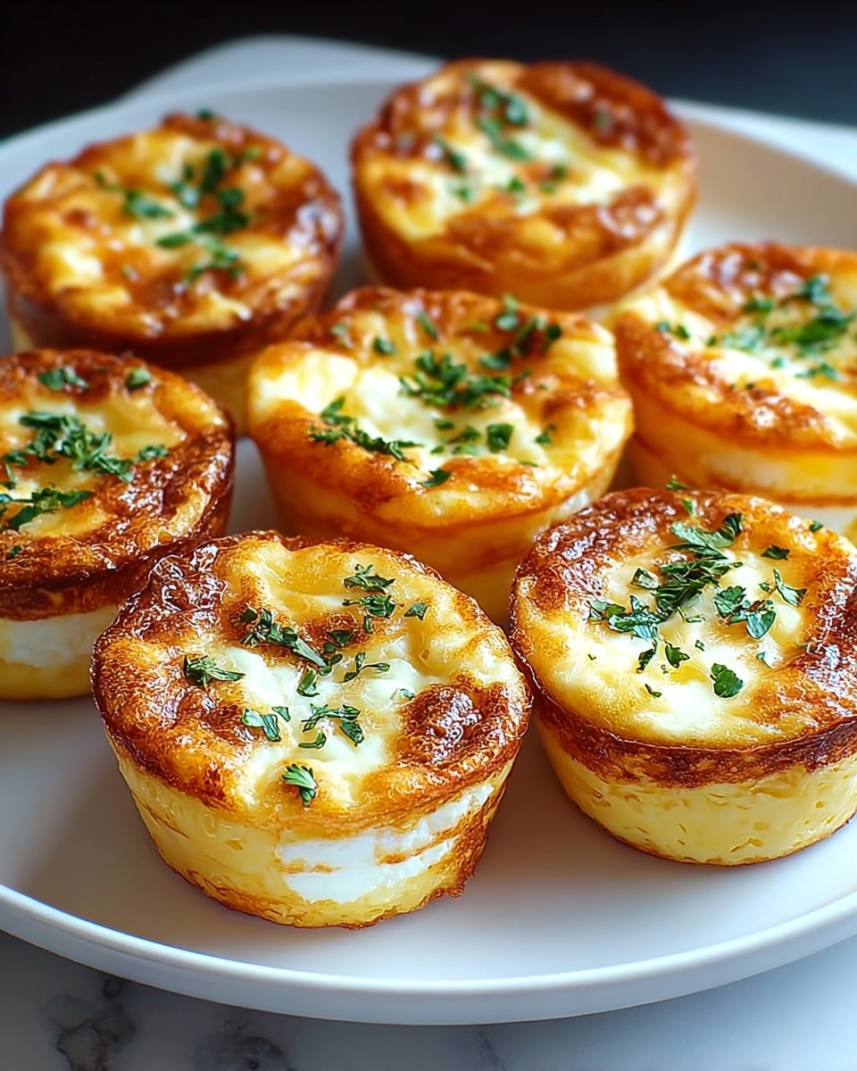 The image shows eight small round, golden-brown mini quiches arranged closely on a white plate. Each quiche has two layers: the outer layer is a crisp, light golden-brown crust, and the inside is a creamy, pale yellow egg mixture with a soft, white cheese layer visible near the bottom. Tiny green herb pieces are sprinkled on top and inside, adding a touch of color and freshness. The top of each quiche has a slightly caramelized look, giving them a warm and inviting texture. The plate rests on a white marbled surface with soft lighting that highlights the quiches' textures and colors perfectly. photo taken with an iphone --ar 4:5 --v 7