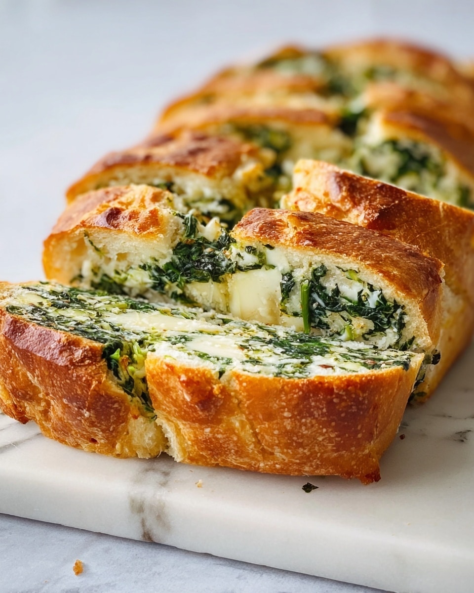 A close-up of a sliced bread loaf showing a soft, golden-brown crust on the outer layer with a slightly shiny texture. Inside each slice, the bread has a creamy white base filled with green leafy spinach and small bits of white melted cheese, visible as a moist and textured middle layer. The bread rests on a flat white marble surface with light gray veins. Photo taken with an iphone --ar 4:5 --v 7