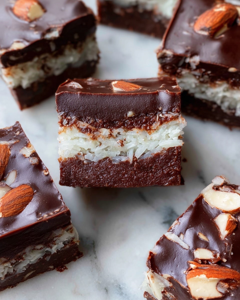 The image shows several square pieces of layered chocolate coconut almond bars placed on a white marbled surface. Each piece has three visible layers: a thick, rich, dark brown chocolate base at the bottom with a slightly glossy, dense texture; a middle layer of white shredded coconut that looks moist and slightly toasted around the edges; and a top layer of smooth, shiny dark chocolate coating that covers the coconut, with some pieces revealing whole almonds embedded beneath this chocolate layer. The bars appear thick, with clear separation between layers, and a few pieces are cut to show the cross-section of these layers. Photo taken with an iphone --ar 4:5 --v 7