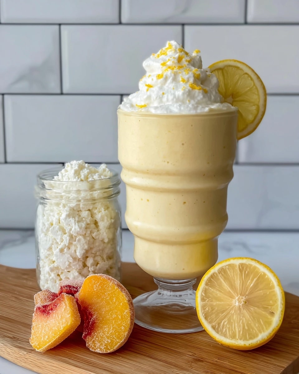 A creamy yellow smoothie is layered smoothly in a tall, curved glass with four round ridges. On top, there is a dollop of white whipped cream and small lemon zest bits with a thin lemon slice placed on the rim. To the left, a small clear jar filled with chunky white cottage cheese sits on the wooden cutting board. In front of the glass, there are three pieces of frozen peach showing a frosty texture with red and orange hues. On the right side, a bright yellow lemon half with visible segments and texture is placed flat on the board. The setting is against a white marbled surface with a white tiled wall background. Photo taken with an iphone --ar 4:5 --v 7