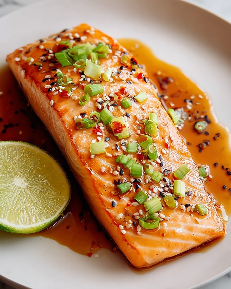 A single piece of cooked salmon fillet rests on a white plate, showing an orange-pink glossy surface with light grill marks. The top of the salmon is sprinkled with green chopped scallions, white sesame seeds, and black sesame seeds, along with some red chili flakes. A thin layer of shiny brown sauce surrounds the salmon, pooling slightly on the plate. A wedge of lime with a pale green rind and light yellow flesh sits near the salmon on the plate. The whole setting is placed on a white marbled texture. photo taken with an iphone --ar 4:5 --v 7