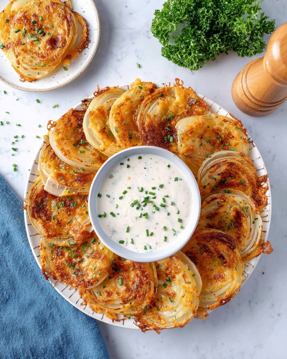 The image shows a white patterned plate with crispy, golden brown onion slices topped with melted cheese, arranged in a circular pattern around a white bowl of creamy white dipping sauce sprinkled with chopped green chives. The onion slices have a slight char and a crispy cheese edge with small green herb specks on top. In the top left, there is a smaller white plate with a single onion slice with melted cheese, and some fresh green parsley is placed to the top right on a white marbled surface, along with a wooden salt shaker and a blue cloth napkin to the bottom left. photo taken with an iphone --ar 4:5 --v 7
