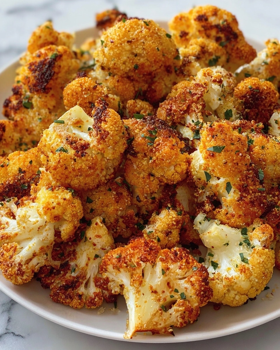 A close-up view of roasted cauliflower florets piled on a white plate, each piece showing a golden-brown crispy crust with visible seasoning and small green herb flakes scattered throughout. The florets vary in size, with the textured, crunchy outer layers toasted to a deep orange-brown color, while the inside remains light and tender with soft white stems. Some pieces have slightly charred edges adding a rich contrast, and the herbs add small green specks that brighten the overall warm tones. The plate rests on a white marbled surface. photo taken with an iphone --ar 4:5 --v 7