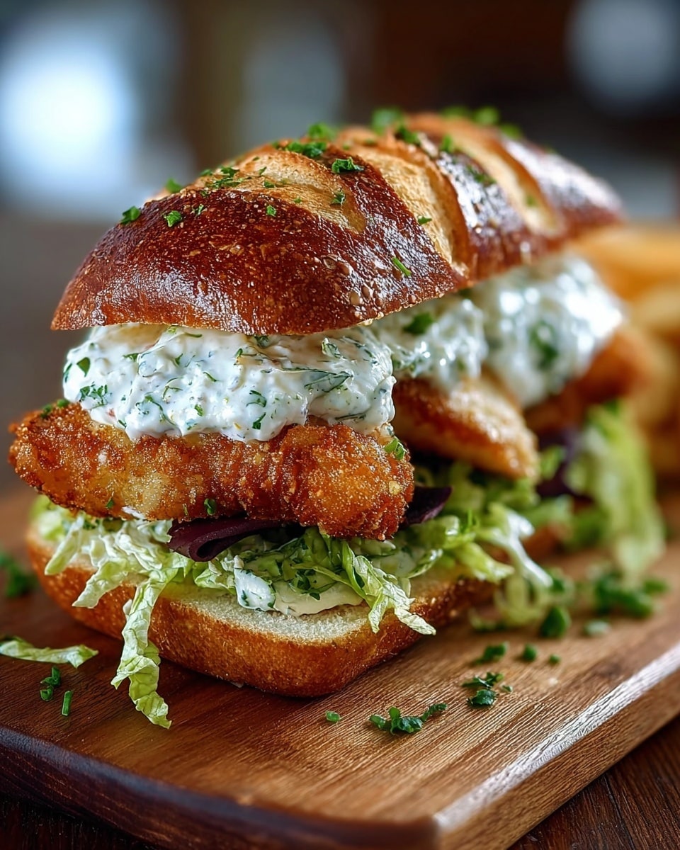A crispy sandwich with three main layers sits on a wooden board; the bottom layer is shredded green lettuce with some beet leaves underneath, adding freshness and texture. Above that is a golden-brown, crispy fried fish fillet that looks crunchy and juicy inside. The top layer is a thick spread of white tartar sauce with visible small green herbs, spread evenly on a toasted, shiny, and slightly cracked sandwich bun with a golden-brown color, sprinkled lightly with chopped green herbs. Photo taken with an iphone --ar 4:5 --v 7