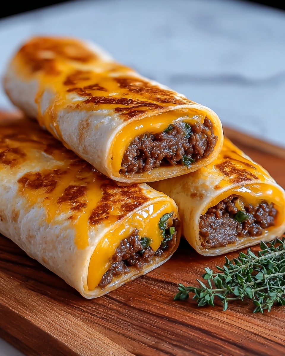 Two golden brown rolls sit side by side on a wooden board with a small bunch of green herbs to the side. Each roll is cut in half, revealing three inside layers: a soft, light beige tortilla on the outside, a middle layer of melted bright orange cheddar cheese with a glossy texture, and a thick layer of dark brown, cooked ground beef speckled with small greens, likely herbs, at the bottom inside edges. The tortilla has a slight shine and toasted spots, giving it a warm, crispy look. The background is changed to a white marbled texture. Photo taken with an iphone --ar 4:5 --v 7