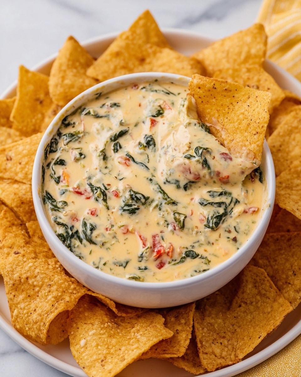A close-up shows a woman's hand dipping a light brown, triangular chip into a creamy, thick dip that fills a black bowl. The dip has a smooth, orange-yellow cheese base mixed with finely chopped green spinach leaves and small red tomato pieces, creating a colorful, textured surface. The chip is partially covered in the cheesy dip, which looks warm and gooey. The bowl sits on a white marbled surface. photo taken with an iphone --ar 4:5 --v 7