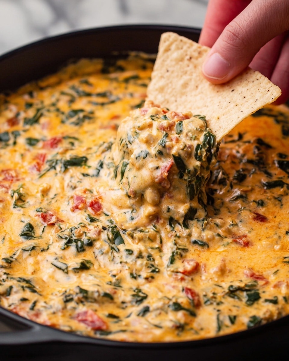 A close-up view of a white bowl filled with creamy spinach and cheese dip, showing mixed green spinach leaves and small red pieces of tomato or pepper throughout the smooth, pale yellow dip. The bowl is placed on a round white plate, surrounded by golden-brown, crispy tortilla chips arranged around it. One chip is dipped slightly into the creamy mixture, highlighting the thick texture of the dip. The scene is set on a white marbled surface with part of a yellow cloth napkin visible at the corner. Photo taken with an iphone --ar 4:5 --v 7