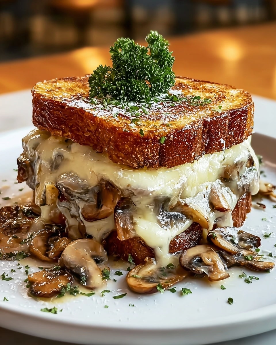 A thick toasted sandwich sits on a white plate with a white marbled texture underneath. The sandwich has three main layers: the top and bottom are golden brown, crispy toasted bread with a slightly rough texture. Between the bread layers is a thick, creamy layer of melted cheese that oozes out from the sides, mixed with sautéed light brown mushroom slices that are soft and glossy. The top of the sandwich is sprinkled with finely chopped green herbs and a small bunch of fresh curly parsley sits in the center. Some melted cheese and mushrooms spill onto the plate, adding a rich, gooey look. photo taken with an iphone --ar 4:5 --v 7