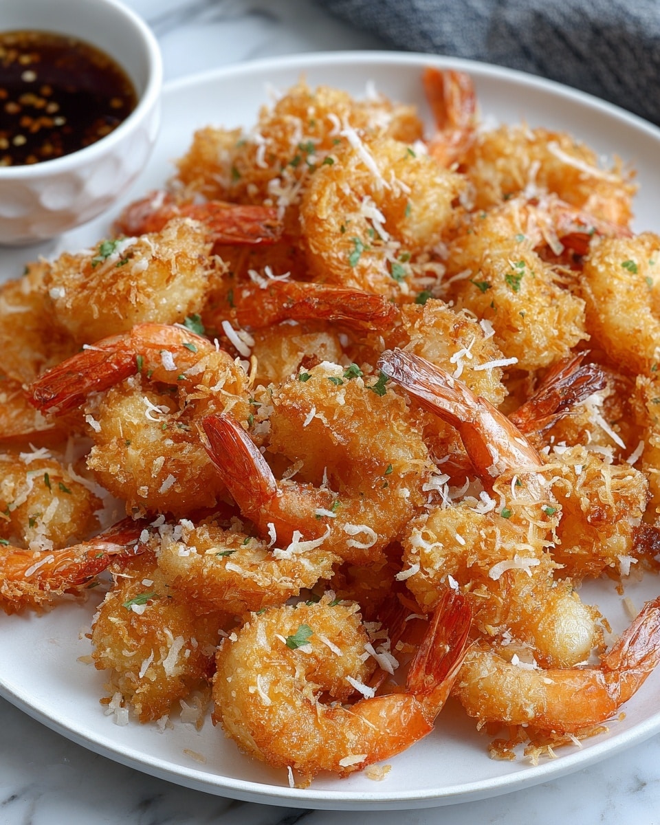 A white plate holds a pile of golden-brown fried shrimp with a light, crispy coating, showing bits of shredded coconut and small green herb pieces sprinkled on top, creating texture and color contrast. The shrimp tails are bright orange, curling outward at the edges of the dish, while the coating looks crispy and slightly oily. In the background, a small white bowl with a dark dipping sauce is partly visible, all set on a white marbled surface. photo taken with an iphone --ar 4:5 --v 7