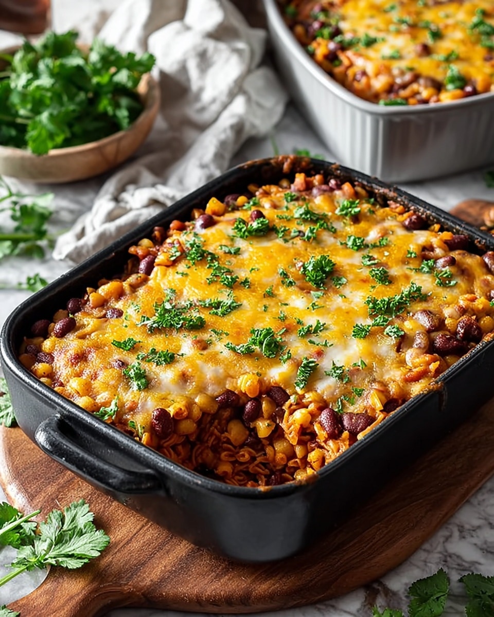 A black rectangular casserole dish filled with a baked layered dish, showing a bottom layer of mixed beans and pasta in a thick orange sauce, topped with a golden melted cheese layer sprinkled with chopped fresh green herbs. The dish sits on a wooden board with some green herb leaves scattered around. The cheese has some browned spots, adding texture, and the beans add contrast with their dark red color. The background is a white marbled texture with another similar casserole and a white cloth visible. Photo taken with an iphone --ar 4:5 --v 7