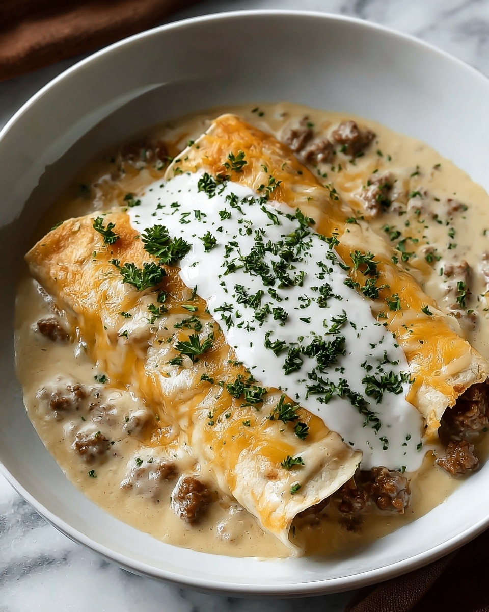 A white bowl contains two rolled tortillas, each covered with a golden melted layer of cheese, lying side by side. These are surrounded by a creamy, light brown sausage gravy mixed with small browned sausage pieces. On top of the cheese-covered tortillas, there is a thick, white sauce dollop sprinkled with chopped green herbs scattered evenly for color contrast. The bowl rests on a white marbled surface. Photo taken with an iphone --ar 4:5 --v 7