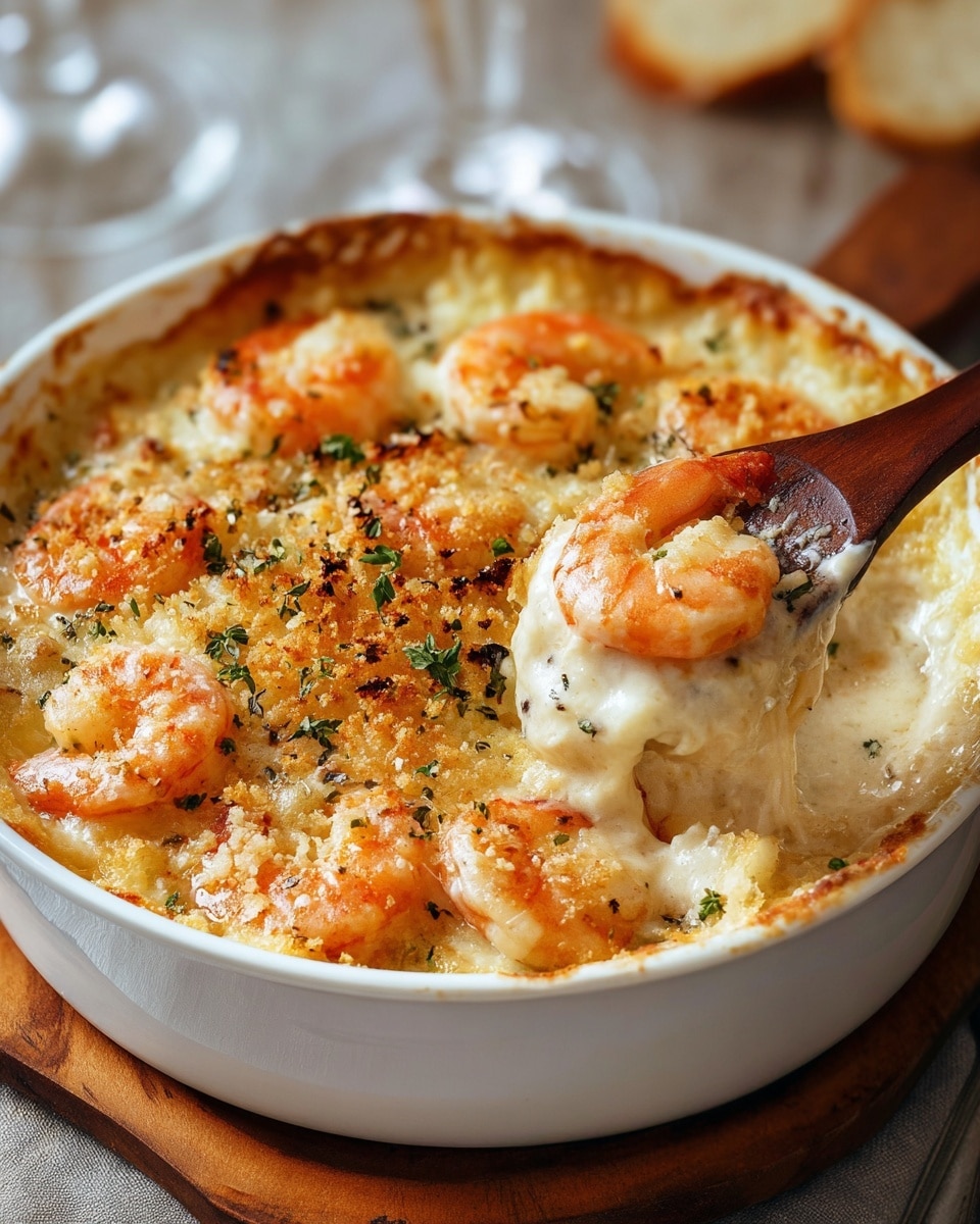 A white round baking dish filled with creamy shrimp gratin showing about three layers: the top layer is lightly browned with golden breadcrumbs and herbs sprinkled over it, the second layer has large orange-pink shrimp placed evenly and slightly sunken into melted white cheese sauce, and the bottom layer is a smooth, thick white sauce visible where a wooden spoon is scooping into the dish from the side. The dish sits on a wooden board with a soft focus background of a glass and bread. The textures include crispy, bubbly cheese on top and creamy sauce beneath. Photo taken with an iphone --ar 4:5 --v 7