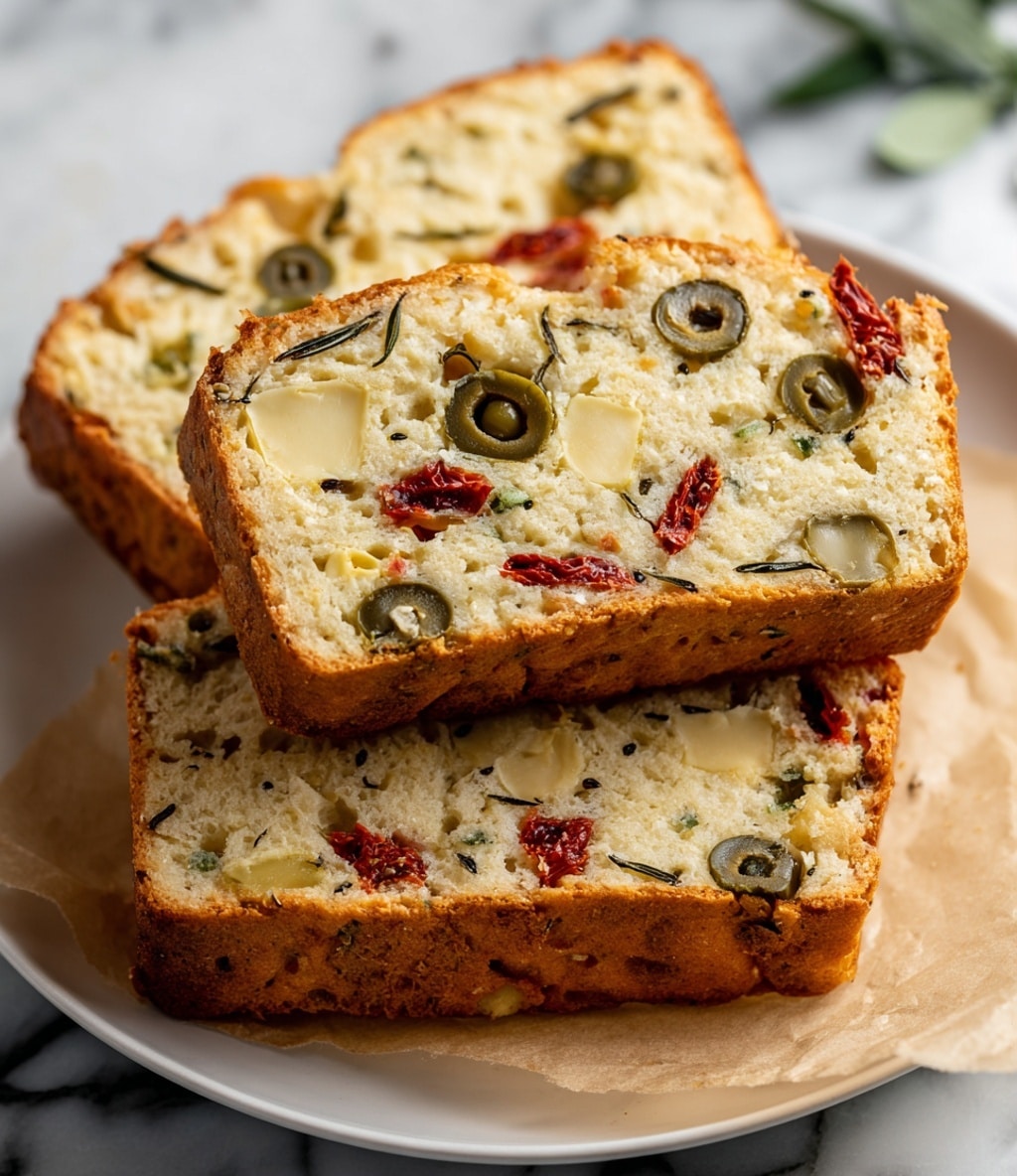 A loaf of savory bread sits on a white plate over a white marbled surface, with its golden-brown crust speckled with black herbs and sun-dried tomato pieces. The loaf is partially sliced, showing a soft, light yellow interior dotted with green olives, sun-dried tomatoes, and herbs throughout. The bread looks moist and fluffy with a slightly crisp outer edge, and the slices are thick and uneven. Photo taken with an iphone --ar 4:5 --v 7