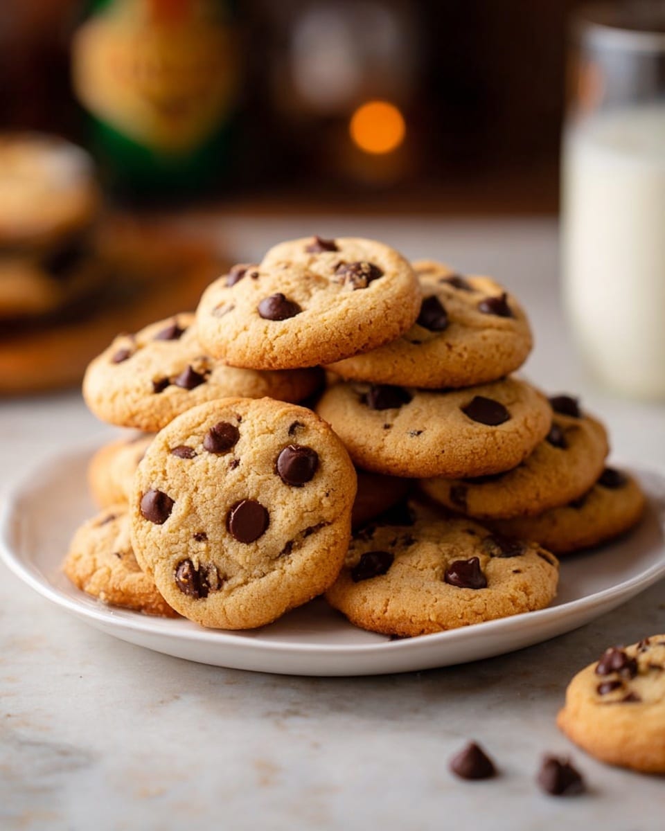 A white plate filled with a stack of golden brown chocolate chip cookies, each cookie round with a slightly soft center and dotted with many dark brown chocolate chips that shine lightly. The cookies have a homemade look with small cracks on the surface, and some chocolate chips lie scattered on the white marbled surface below the plate. The background is softly blurred, showing warm lights and a glass of milk on the right side. Photo taken with an iphone --ar 4:5 --v 7