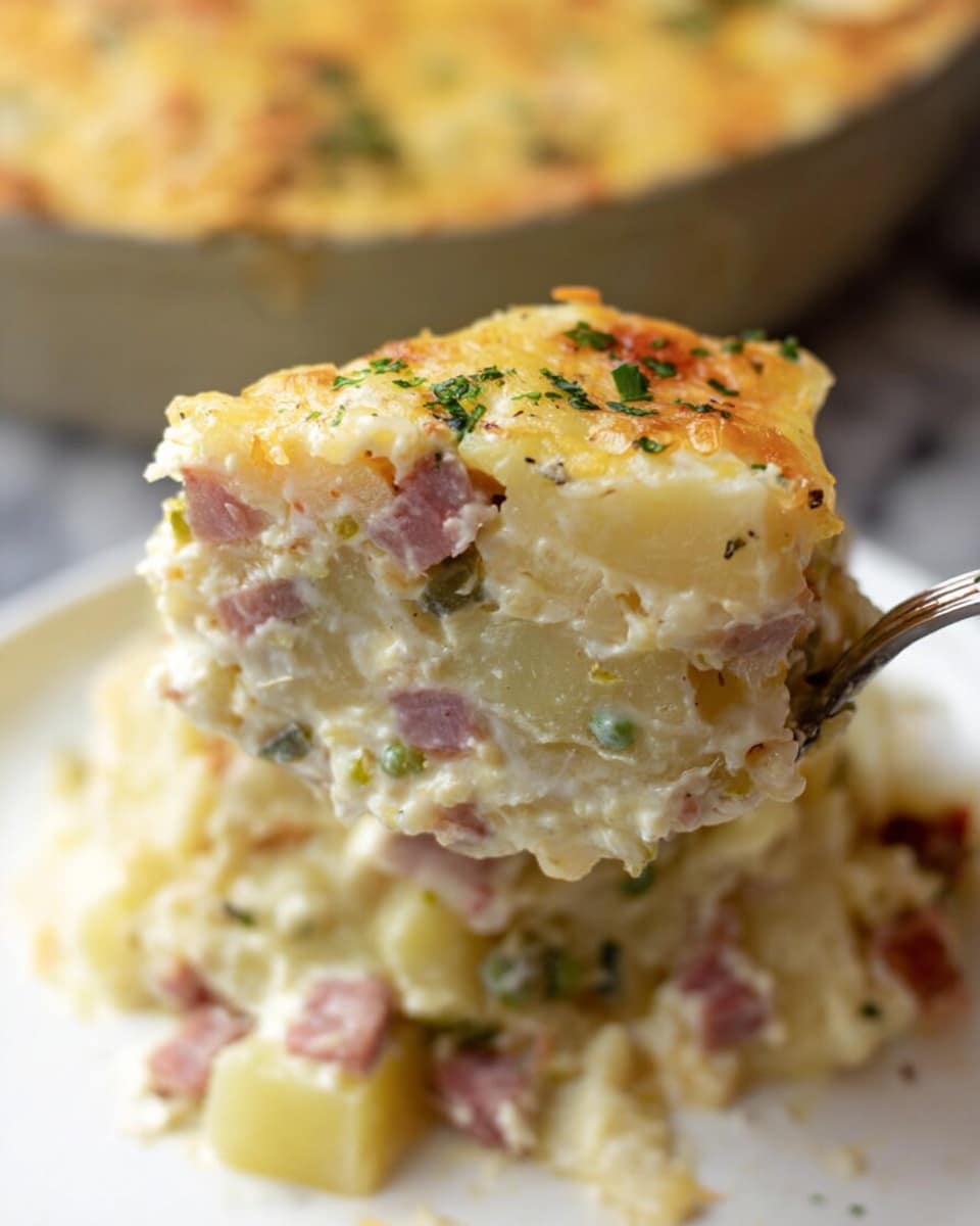A close-up view of a creamy layered dish served on a white plate with a spoon lifting one portion. The dish has three visible layers: the bottom layer shows soft, rough-textured chunks of light yellow potatoes mixed evenly with bits of pinkish ham and green herbs, the middle layer is a dense creamy mixture with a pale yellow color holding the ingredients together, and the top layer is smooth and slightly browned cheese with small green herb flecks scattered on top. The background shows an out-of-focus portion of the same dish on a white marbled surface. photo taken with an iphone --ar 4:5 --v 7
