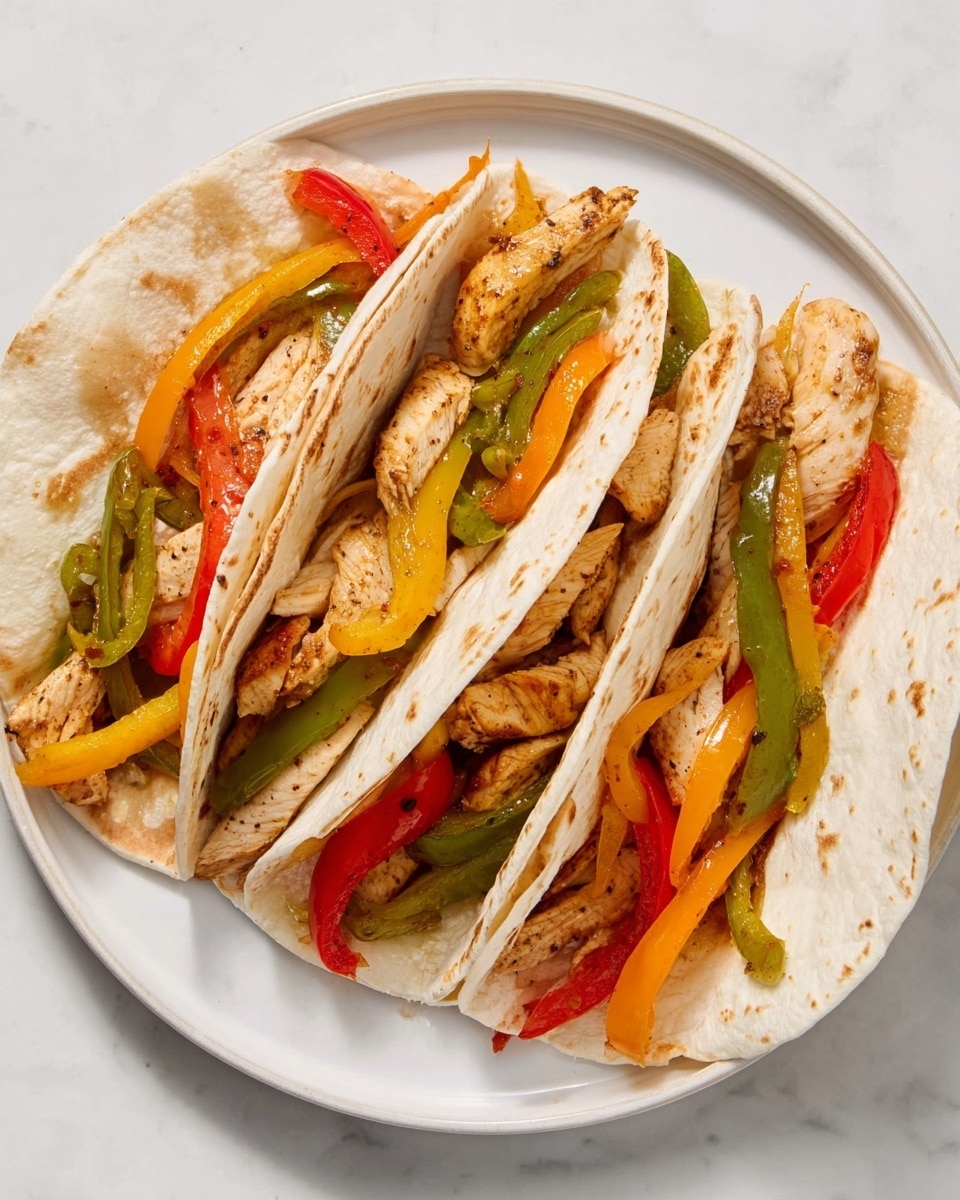 A white plate on a white marbled surface holds three soft flour tortillas folded in half and arranged side by side. Each tortilla is filled with multiple layers: the bottom layer has grilled, sliced chicken pieces in a light brown color, topped with sautéed bell peppers in red, yellow, orange, and green shades that add vibrant color. The texture of the chicken looks tender with light grill marks, while the peppers appear soft and slightly glossy. The open ends of the tortillas show the colorful filling spilling out slightly. Photo taken with an iphone --ar 4:5 --v 7