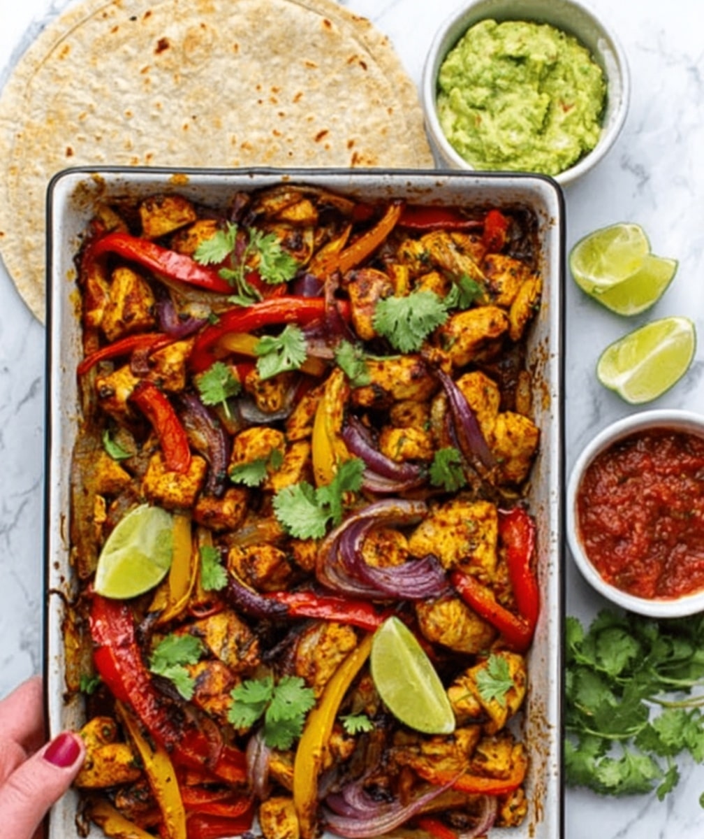 The image shows a white rectangular dish filled with a colorful mix of cooked chicken pieces and sliced red and yellow bell peppers, as well as red onions, all lightly charred. There are chunks of lime placed inside the dish and scattered fresh green cilantro leaves on top. To the upper right of the dish, there are three small white bowls—one with green guacamole, another with red salsa, and the third empty or not clearly visible. A folded flour tortilla rests on the upper edge of the dish. The background is a white marbled surface. A woman's hand is holding the edge of the dish on the left side. Photo taken with an iphone --ar 4:5 --v 7