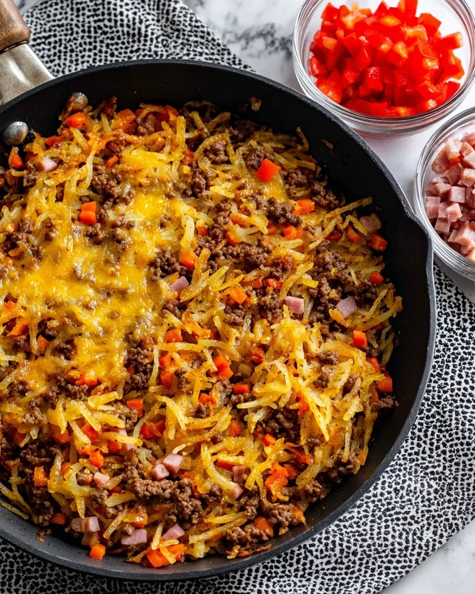 In the black skillet, there is a cooked mix of golden-brown shredded potatoes layered with browned ground meat, small bright orange carrot pieces, and bits of ham, all blended together and topped with melted yellow cheese. The textures show slightly crispy potato strands mixed with soft meat chunks and vegetables, scattered evenly across the pan. In the background, two clear bowls hold additional diced bright red bell peppers and more ham cubes. The scene is set on a white marbled surface with a black-and-white patterned cloth under the skillet. photo taken with an iphone --ar 4:5 --v 7