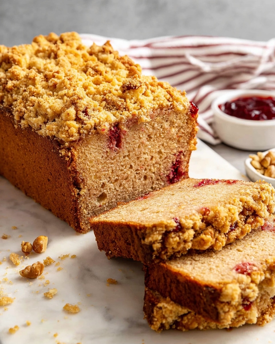 A loaf of crumb cake is shown with three slices cut and laid in front of it on a white marbled surface. The cake has two main layers: a dense, light brown cake base with small red fruit bits inside, and a thick, crumbly golden top layer mixed with nuts. Crumbs and nut pieces are scattered around the cake. In the background, there is a small white bowl with red jam and a striped cloth nearby. Photo taken with an iphone --ar 4:5 --v 7