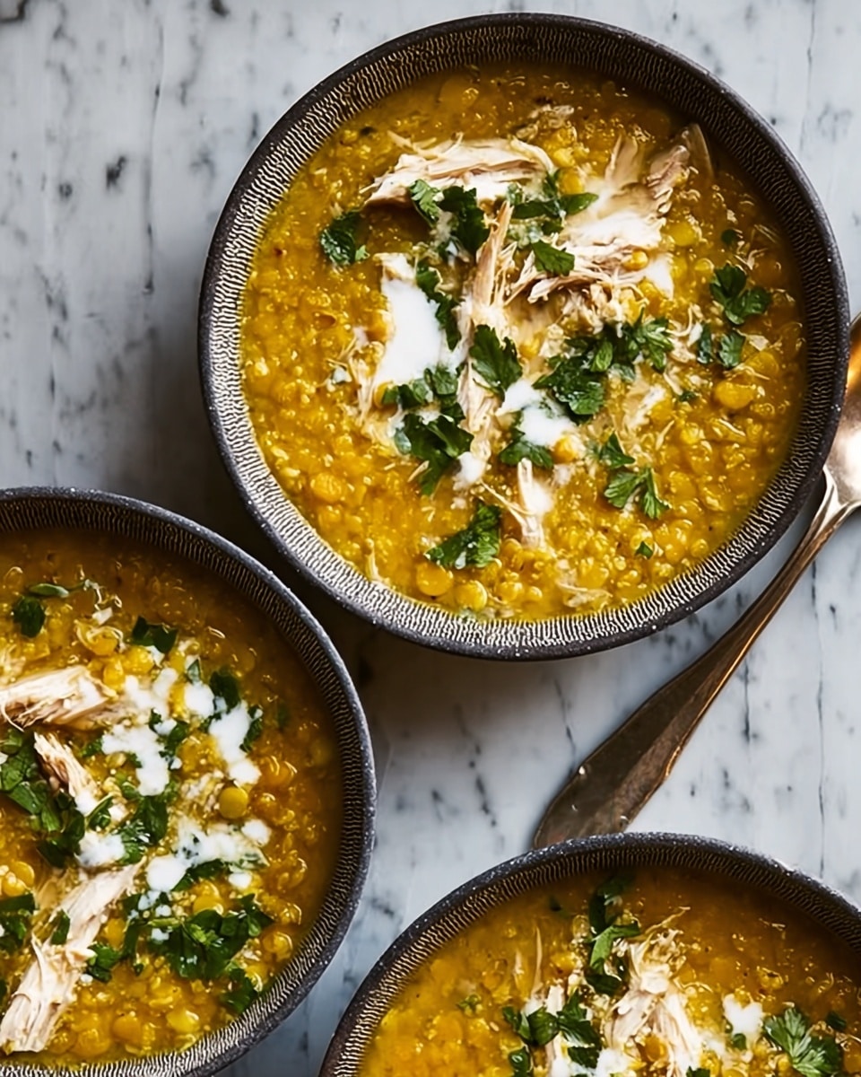The image shows three bowls of yellow lentil soup with pieces of shredded white chicken on top, scattered fresh green herbs, and drizzles of white cream. Each bowl has a dark, textured rim and the soup fills most of the bowl's depth, showing a mix of smooth and chunky textures from the lentils. The bowls are set on a white marbled surface, and part of a silver spoon is visible near one bowl. The colors mainly include bright yellow, green, white, and the dark bowl contrast, creating a warm and comforting look. Photo taken with an iphone --ar 4:5 --v 7