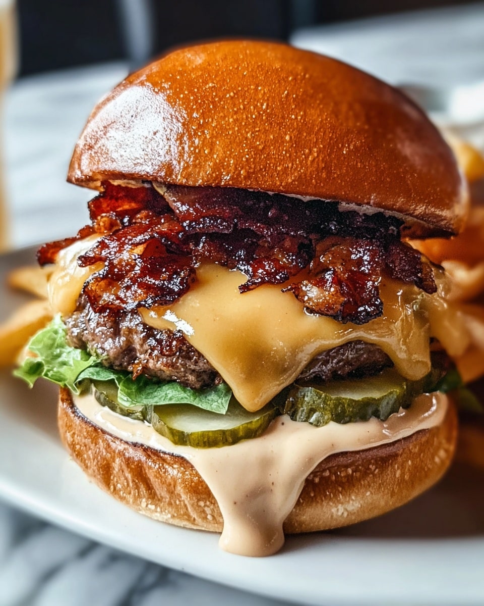 A close-up view of a burger with multiple clear layers sitting on a white plate with some fries visible on the side; the bottom layer is a soft, shiny golden bun topped with creamy light beige sauce that drips slightly over the edge, followed by bright green sliced pickles and fresh green lettuce. Above that is a thick, juicy grilled beef patty with a slightly charred exterior, topped with melted, slightly translucent pale yellow cheese that drapes over the patty. On top of the cheese is a pile of dark brown, glossy cooked bacon pieces. The whole stack is crowned with a shiny, smooth golden brown top bun with some highlights reflecting light. The background has a white marbled texture. photo taken with an iphone --ar 4:5 --v 7