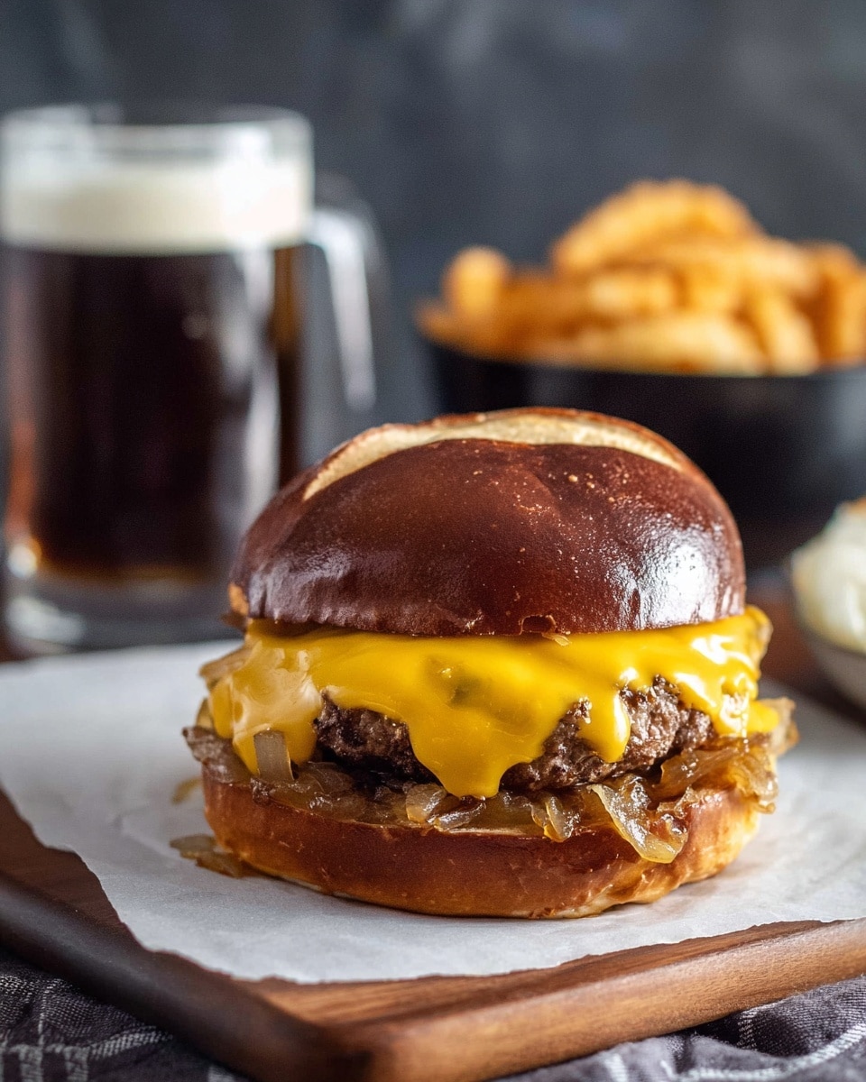 A close-up of a juicy cheeseburger placed on white parchment on a wooden board, showing four visible layers: a glossy brown pretzel bun with a deep shine and a split on top, melted bright yellow cheddar cheese covering a thick and textured brown beef patty, caramelized light brown onions scattered over the cheese, and a bottom bun with a shiny glaze and a touch of sauce visible. In the blurred background, a clear glass mug filled with dark beer topped with foam sits next to a black bowl filled with golden, crispy curly fries, all against a dark backdrop on a white marbled surface. photo taken with an iphone --ar 4:5 --v 7