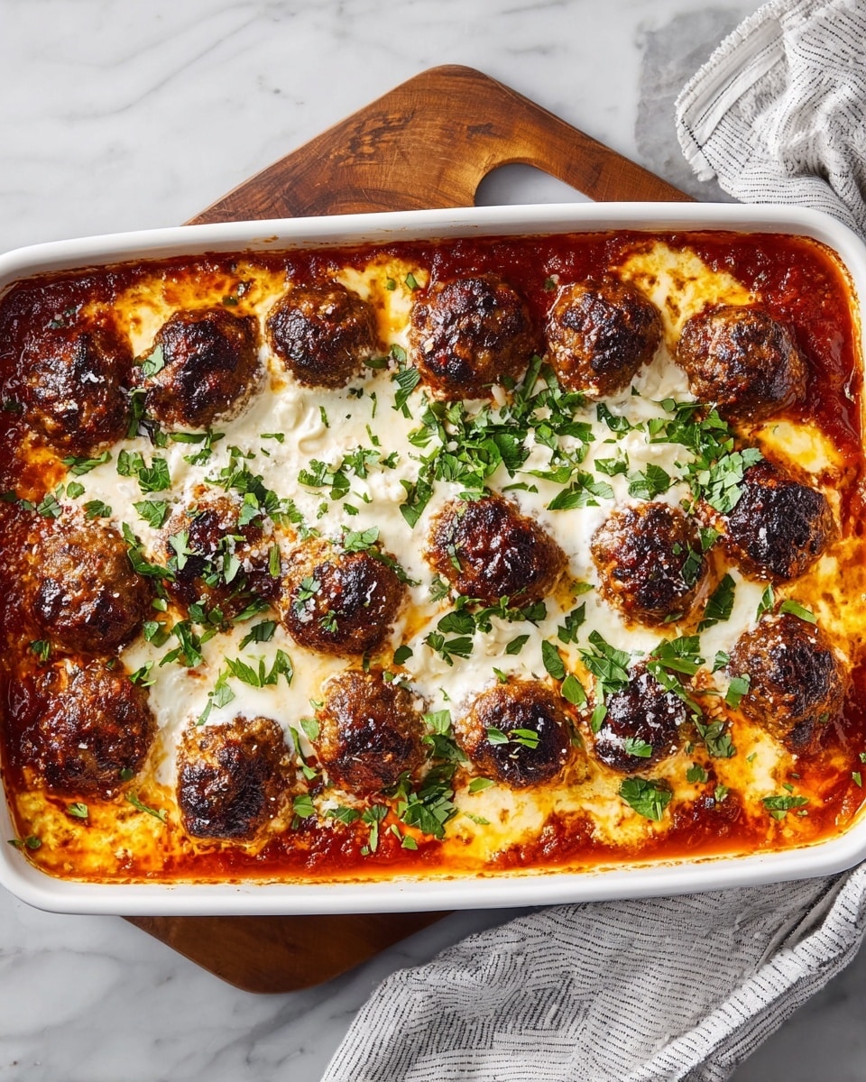 A white rectangular baking dish filled with about three layers: the bottom layer is a rich orange-red tomato sauce, the middle layer consists of golden melted cheese melted with parts browned and bubbly, topped by round browned meatballs with a slightly charred crust; everything is sprinkled with chopped fresh green herbs. A silver serving spoon rests inside the dish on the right, and the dish is placed on a white marbled surface with a small bit of a striped black and white cloth visible underneath. Photo taken with an iphone --ar 4:5 --v 7