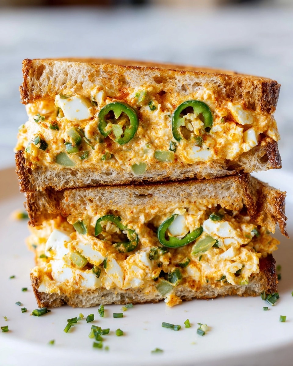 The image shows a sandwich cut in half and stacked on a white plate with some scattered chopped herbs. The sandwich has two layers of crusty, light brown bread. The filling has a base of creamy, orange spread mixed with small pieces of white boiled egg and finely chopped green herbs. Green slices of jalapeño peppers are visible inside the sandwich, adding texture and color. The top layer of the filling is slightly browned and crispy, giving it a toasted look. The background is a white marbled surface. photo taken with an iphone --ar 4:5 --v 7