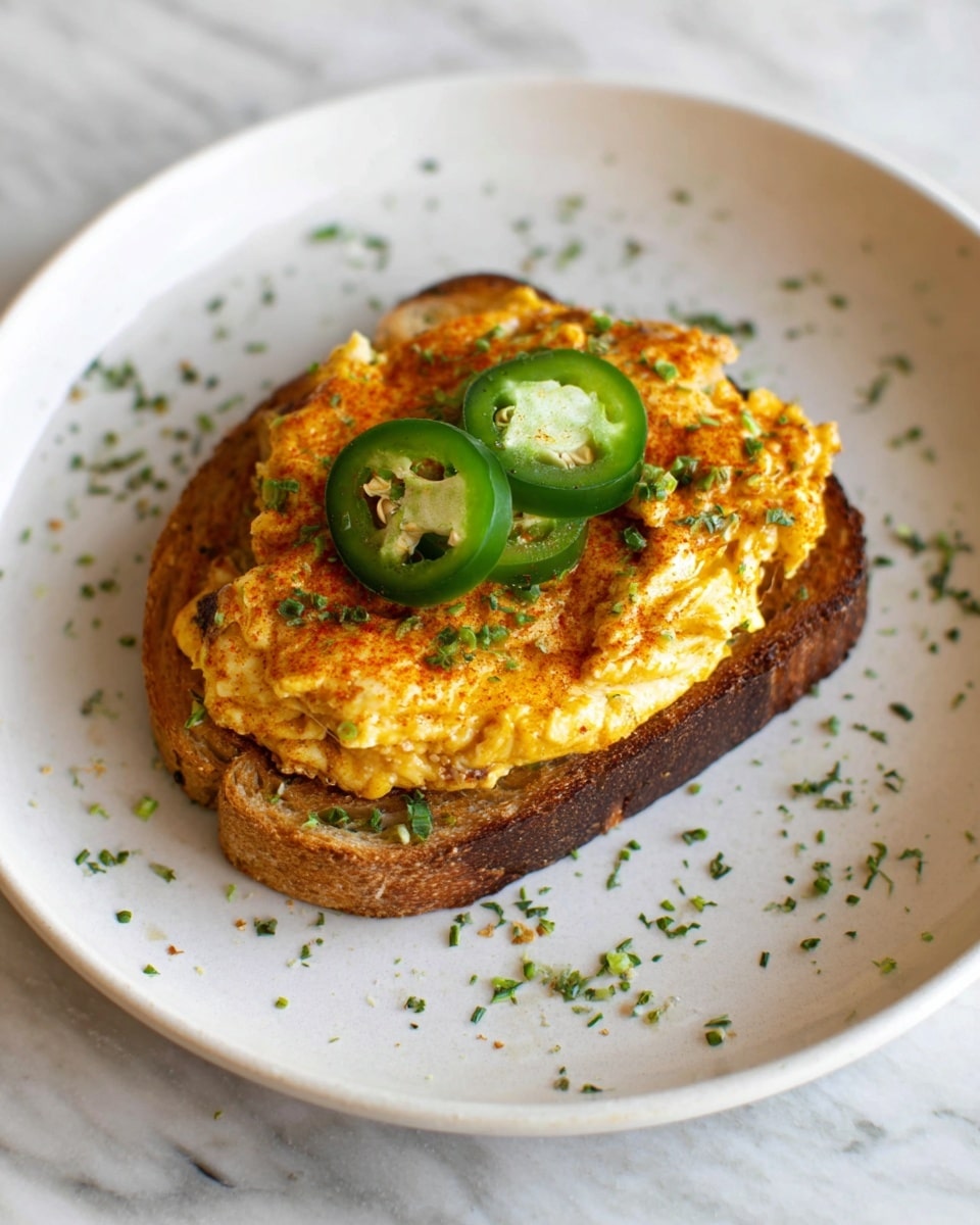 The image shows a single piece of toast on a white plate with small green herb bits scattered around. On top of the toast is a thick, golden-brown scrambled egg patty with a slightly crispy texture. Three thin, round slices of green jalapeño peppers are neatly placed on top in the center. The plate sits on a white marbled surface that adds a clean feel to the presentation. photo taken with an iphone --ar 4:5 --v 7