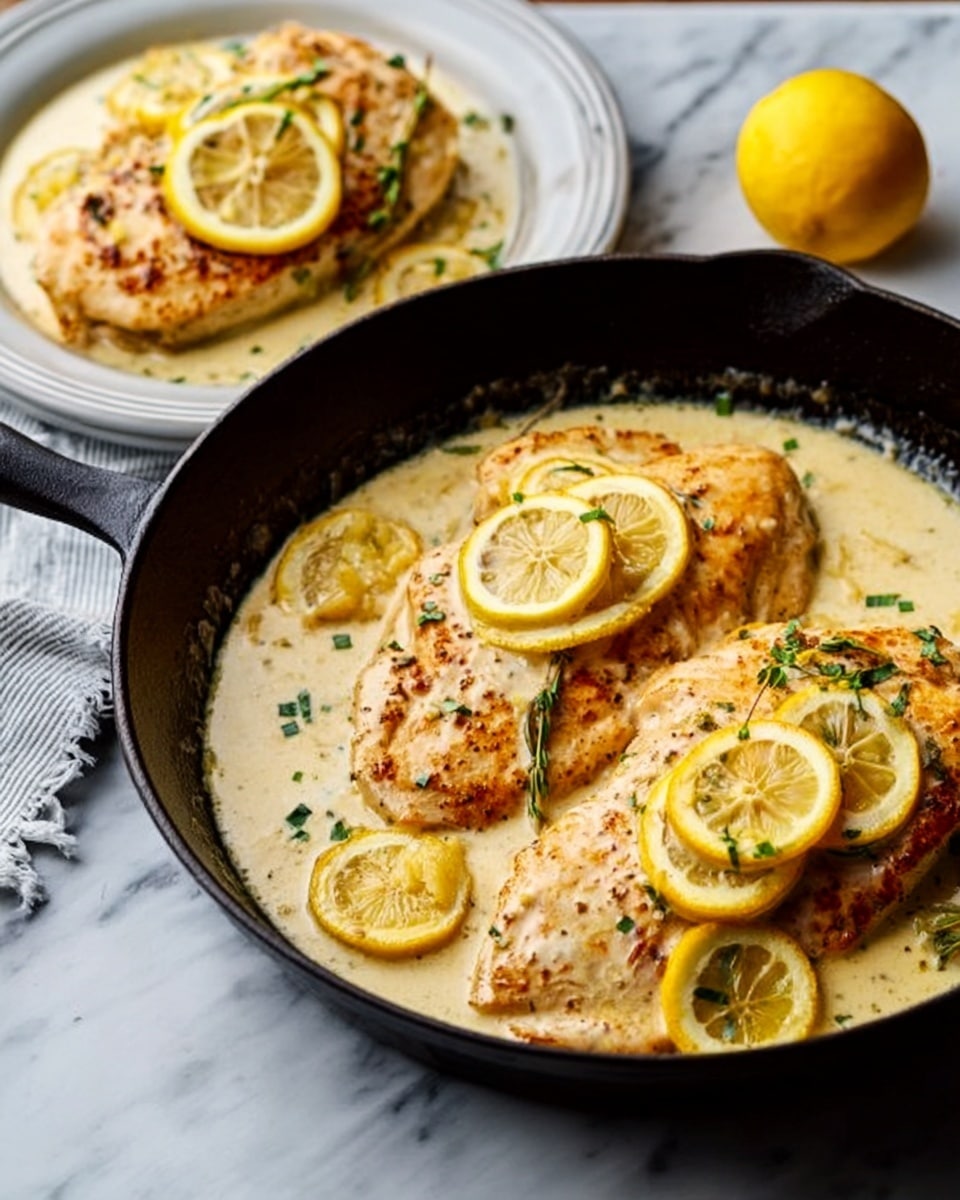 The image shows two cooked chicken breasts in a black pan filled with creamy sauce. Each chicken breast is topped with thin yellow lemon slices and small green herb pieces, adding color and texture. Next to the pan, a white plate holds one chicken breast covered in the same creamy sauce, also garnished with lemon slices and herbs. The background features a white marbled surface, enhancing the visual appeal. Photo taken with an iphone --ar 4:5 --v 7