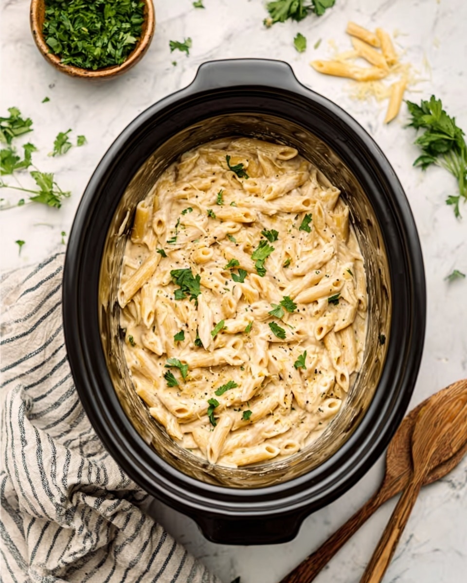 The image shows a black oval slow cooker filled with creamy pasta. The pasta looks like penne, covered in a thick, light beige sauce with a smooth texture. Small green parsley leaves are scattered on top as garnish. The slow cooker is placed on a white marbled surface, next to a bowl of chopped green herbs, a wooden spoon, and a striped cloth. A woman’s hand is touching the side of the slow cooker. The lighting is soft and natural, highlighting the creamy texture and fresh garnish. Photo taken with an iphone --ar 4:5 --v 7