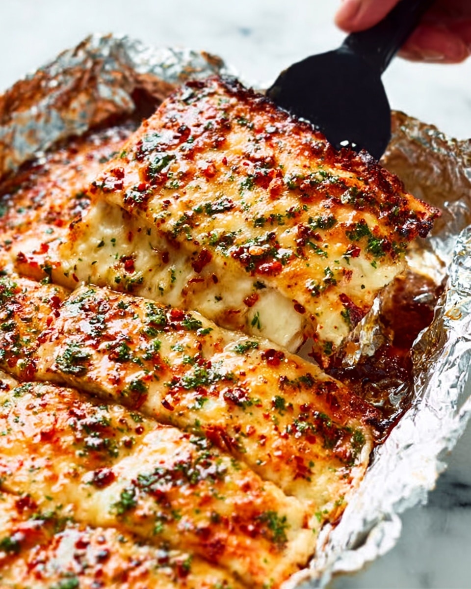 The image shows a close-up of a cheesy baked dish cut into square pieces, with a woman's hand holding a spatula to lift one piece. The dish has multiple layers including a thick, bubbling golden-brown cheese top, sprinkled with green herbs and red spices. The edges are crispy and the surface has a shiny texture from melted cheese and sauce. The dish sits in a foil-lined dish on a white marbled surface. Photo taken with an iphone --ar 4:5 --v 7