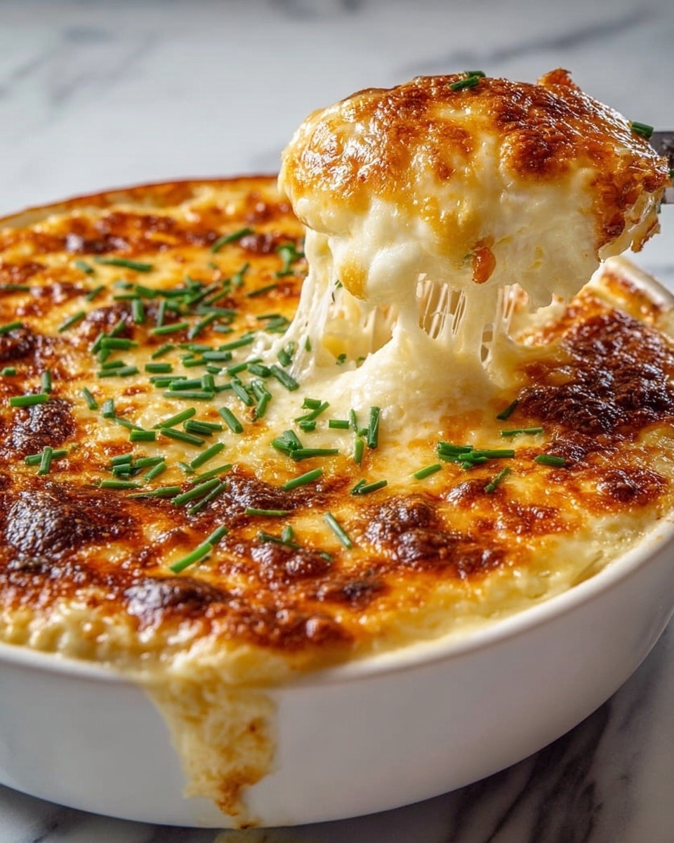 A close-up of a baked dish in a white oval casserole, showing a golden-brown melted cheese top layer with some darker toasted spots. The cheese layer is bubbling with a slightly crispy texture. Scattered on the cheese top are small pieces of bright green chopped chives, adding a fresh pop of color. The dish sits on a white marbled texture surface. Photo taken with an iphone --ar 4:5 --v 7