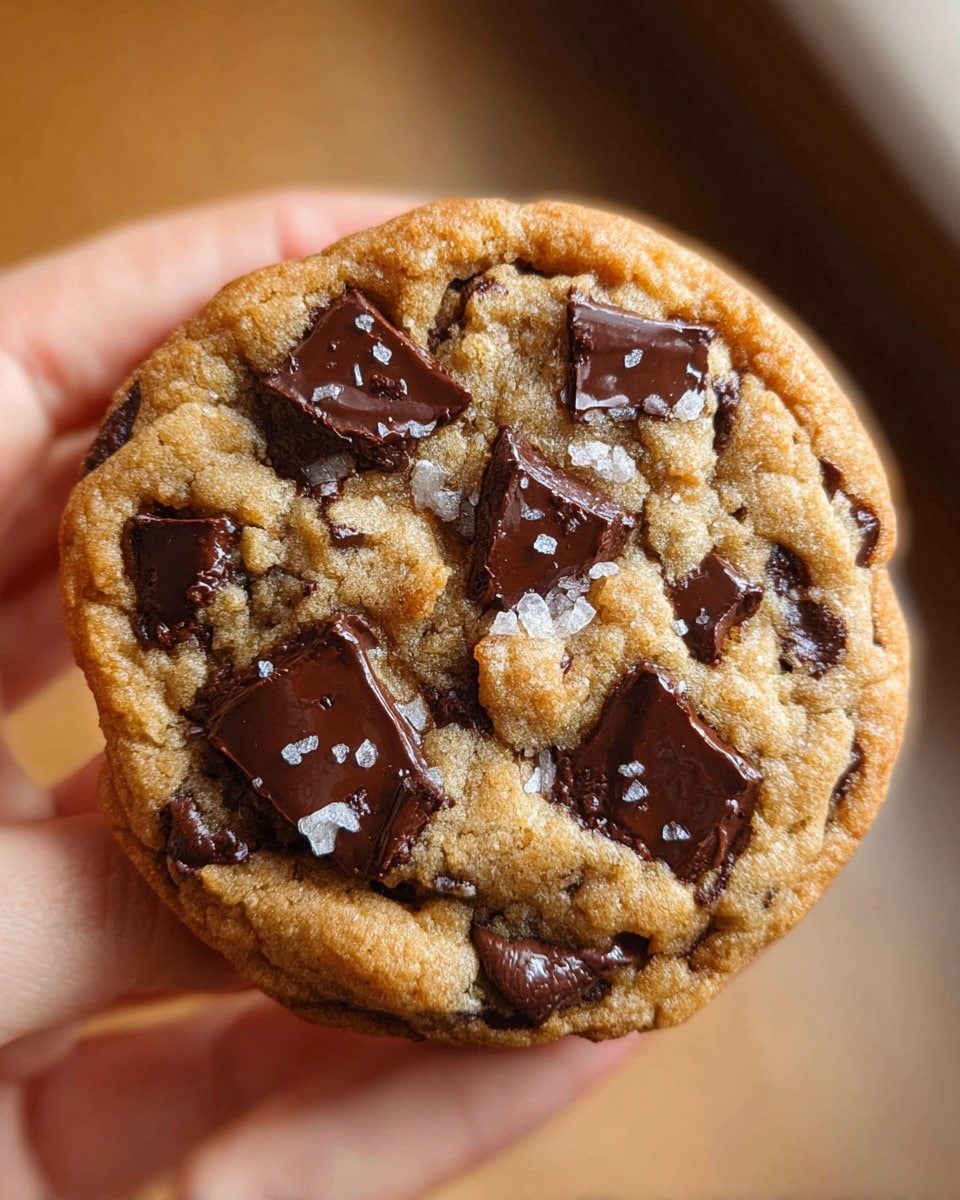A close-up image of a round chocolate chip cookie held by a woman's hand, showing the cookie’s golden-brown color with a slightly crisp edge and soft, textured middle. The cookie surface has multiple chunks of dark, melted chocolate scattered unevenly, creating rich, glossy patches contrasting with the matte dough. Small white flakes of salt lightly sprinkle across the top, adding texture and visual interest. The background is softly blurred with warm and neutral brown tones, and the light highlights the cookie’s moist and chewy appearance. Photo taken with an iphone --ar 4:5 --v 7