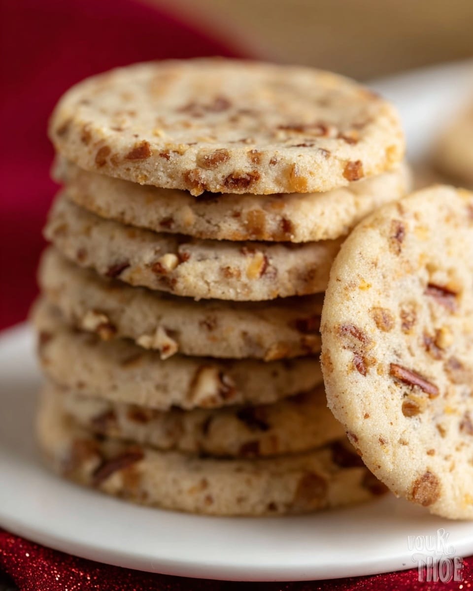 A close-up image of a stack of soft, round pecan cookies resting on a white plate over a white marbled surface. The cookies have a light golden-brown color with visible small pieces of chopped pecans distributed throughout each cookie. The top cookie is slightly tilted, leaning against the stack to show its texture and nutty bits clearly. The background has a rich red color that contrasts with the warm-toned cookies and white plate. Photo taken with an iphone --ar 4:5 --v 7