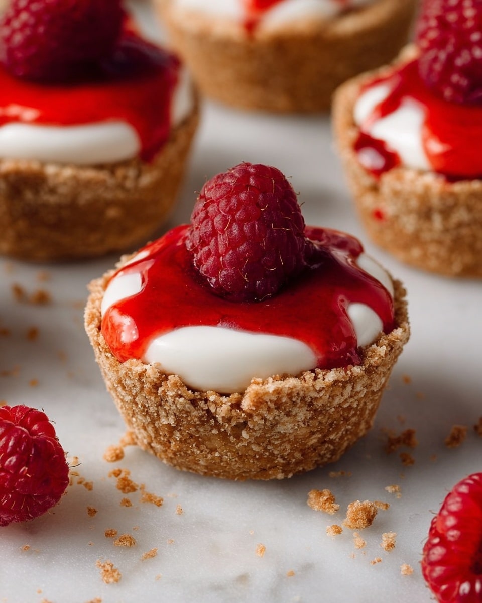 The image shows small tartlets with three visible layers. The bottom layer is a crumbly, light brown crust forming a cup shape. Inside the crust is a smooth, white creamy layer that looks soft and fluffy. On top, a bright red raspberry sauce is drizzled unevenly, creating a shiny, thick texture that runs down the white cream. Each tartlet is topped with a whole fresh raspberry that is deep red and textured. The tarts are placed on a white marbled surface with a few crumbs and scattered raspberries around. photo taken with an iphone --ar 4:5 --v 7