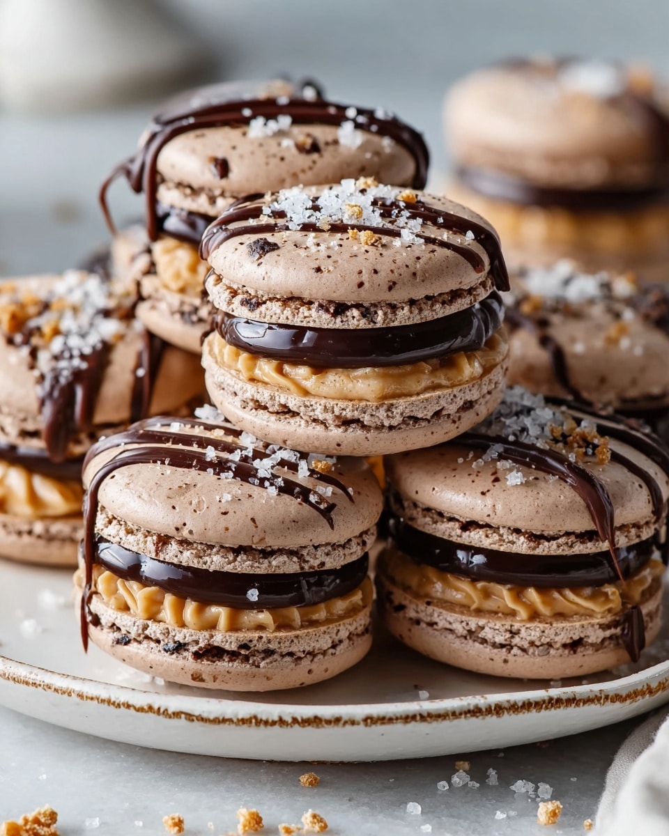 This image shows several chocolate macarons stacked together on a white plate with a slightly worn edge, placed on a white marbled surface. Each macaron has three visible layers: a smooth top shell that is light brown with small bits of chocolate and white sugar crystals sprinkled on top, a middle layer with a glossy, dark chocolate filling, and a bottom layer filled with creamy caramel-colored filling with a slightly wavy texture. There are also thin drizzles of dark chocolate sauce on top of each macaron. Small crumbs are scattered around the plate, adding to the close-up detail. photo taken with an iphone --ar 4:5 --v 7