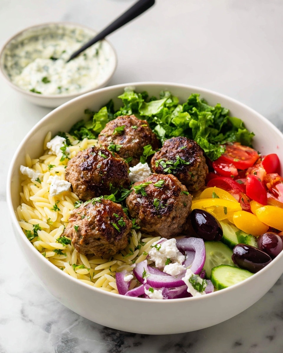 A white bowl filled with several layers of food on a white marbled surface, starting with a base layer of light yellow orzo pasta. On top of the pasta are six browned meatballs, scattered fresh green herbs, and small white crumbles of feta cheese. One side of the bowl features a layer of fresh dark green chopped lettuce, while the other side holds a colorful salad with sliced red and yellow cherry tomatoes, sliced cucumber, halved dark olives, and thin slices of purple onion. A black spoon rests in the bowl, partially submerged in the orzo. Nearby, there is a small white bowl containing a creamy white sauce with small green herb pieces. photo taken with an iphone --ar 4:5 --v 7