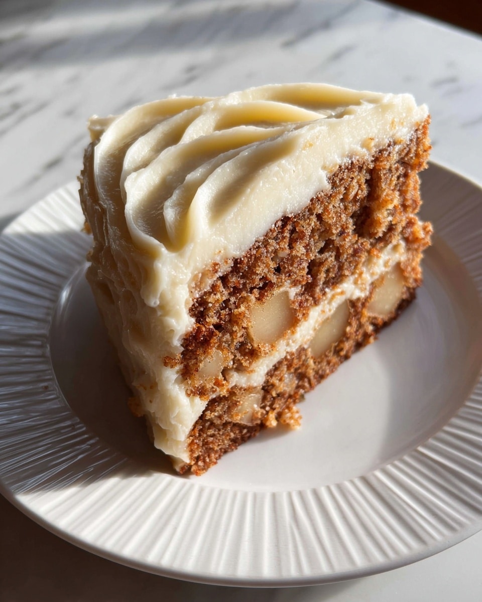 A single slice of cake sits on a white plate with ridges, showing two main layers of moist, crumbly brown cake mixed with pieces of light-colored fruit, possibly apple, and a thin layer of creamy white filling in the middle. The top layer is thick, smooth, and creamy frosting with soft swirls, light in color, likely vanilla or cream cheese. The plate is placed on a white marbled surface, and the natural light highlights the texture of the cake and frosting. photo taken with an iphone --ar 4:5 --v 7